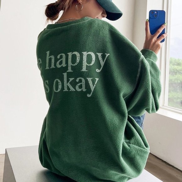 Green Casual Womens Slogan Graphic Drop Shoulder Fleece Oversized Sweatshirt - Picture 5 of 5